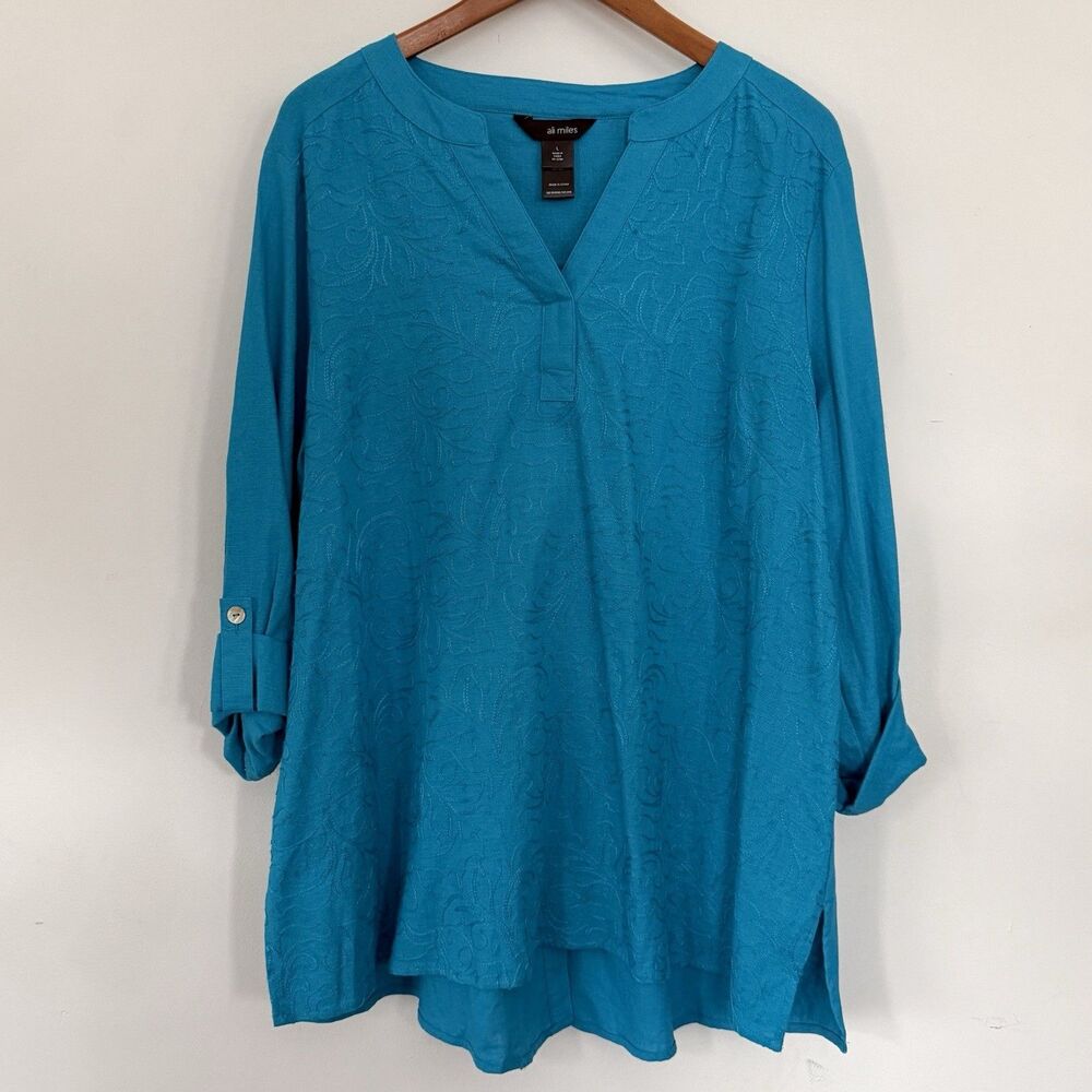 Ali Miles Teal Embroidered Linen Blend V-Neck Tunic Top Size Large